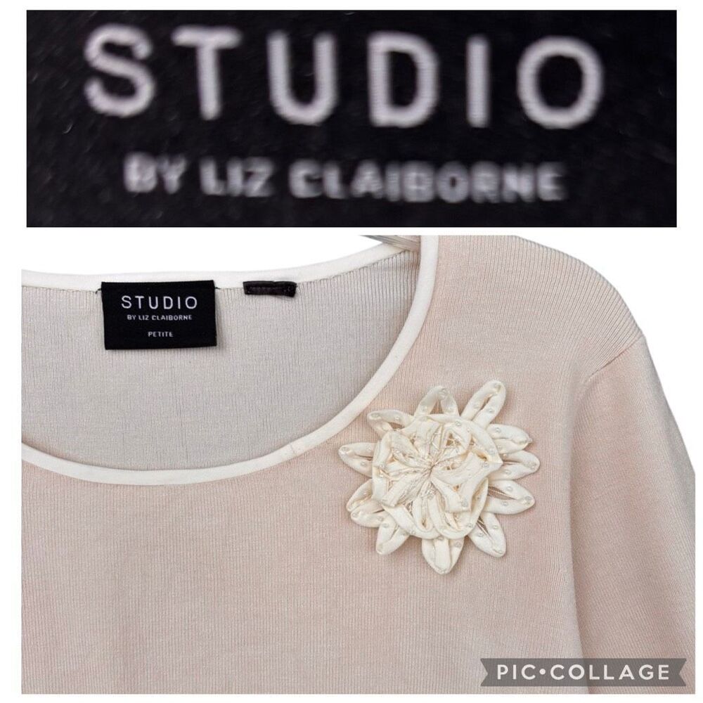 STUDIO by Liz Claiborne Y2K Cream Beige Knit Top Medium Petite Floral Appliqué - Picture 8 of 8